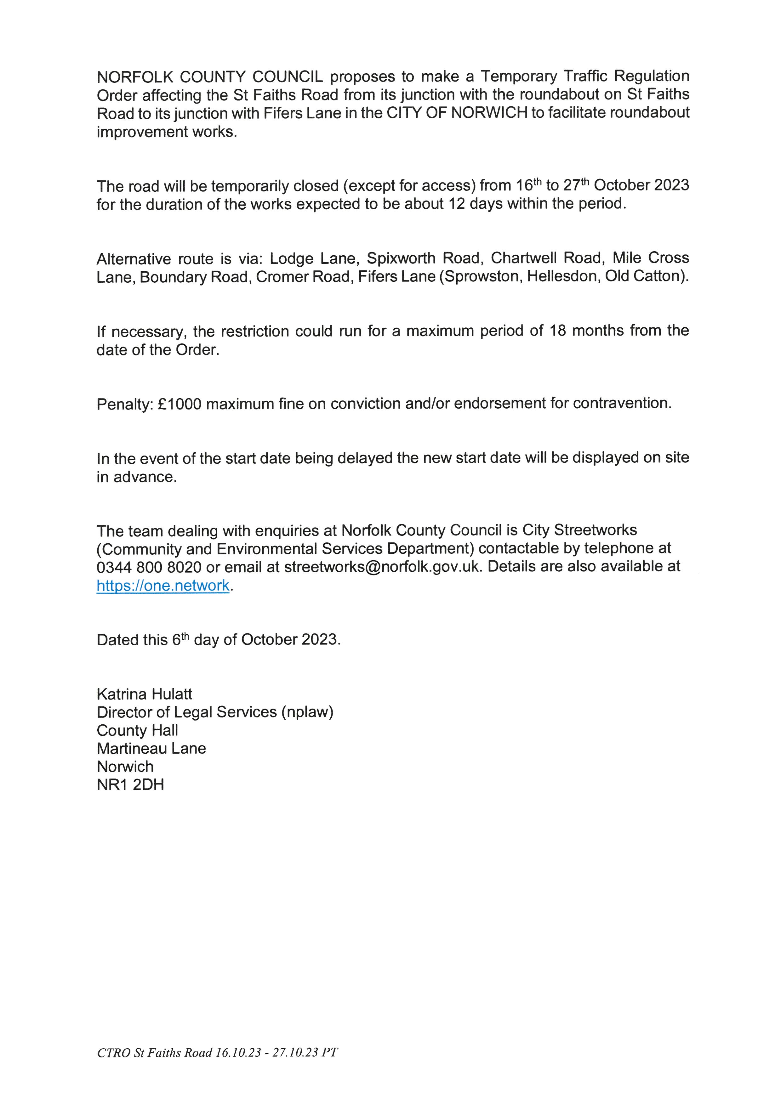 Road Closure - St Faiths Road Roundabout 16th October 2023