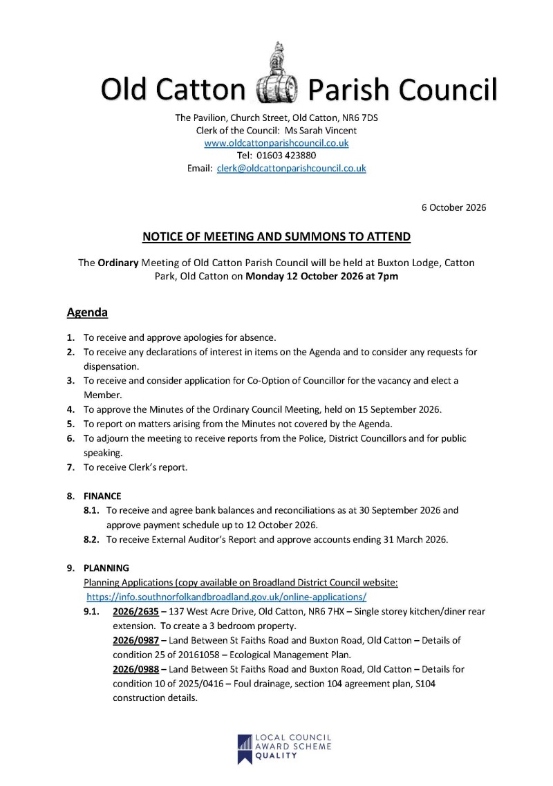 Ordinary Meeting of Old Catton Parish Council 12 October 2026