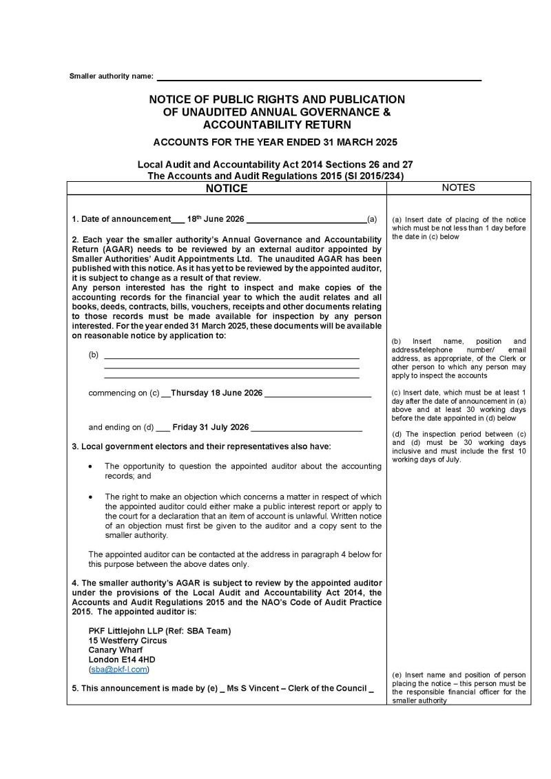 Notice of Public Rights & Publication of Unaudited Annual Governance & Accountability Return 2025-26