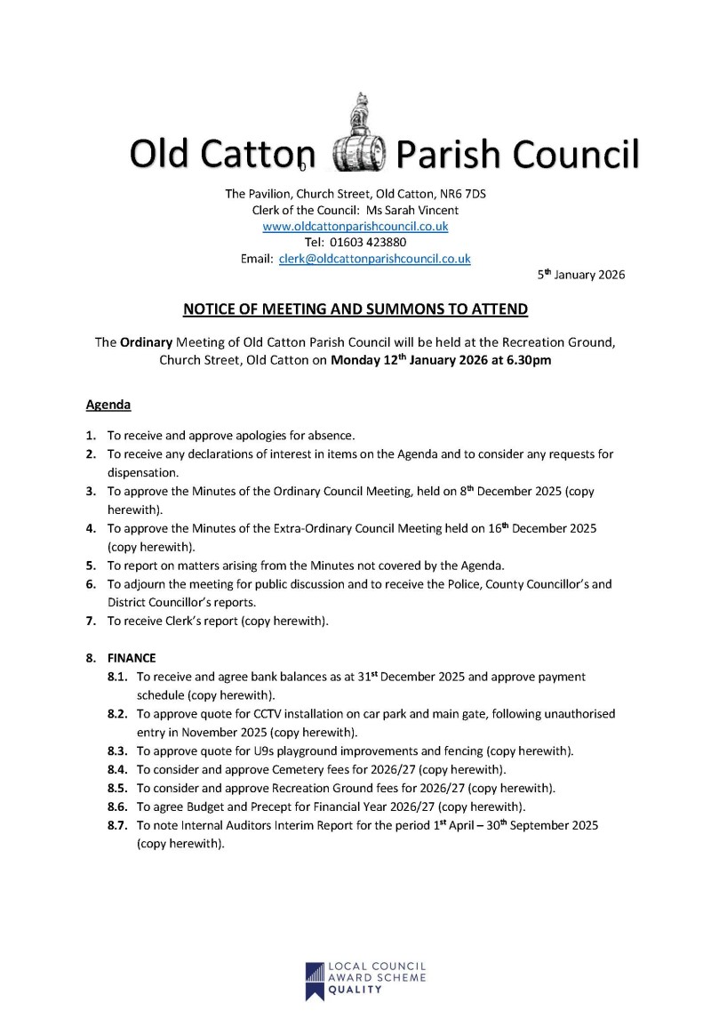 Ordinary Meeting of Old Catton Parish Council 12th January 2026
