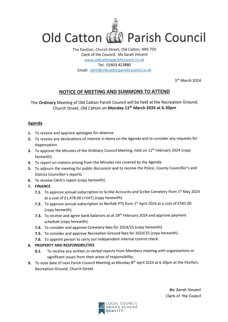 Ordinary Meeting of Old Catton Parish Council 11th March 2024