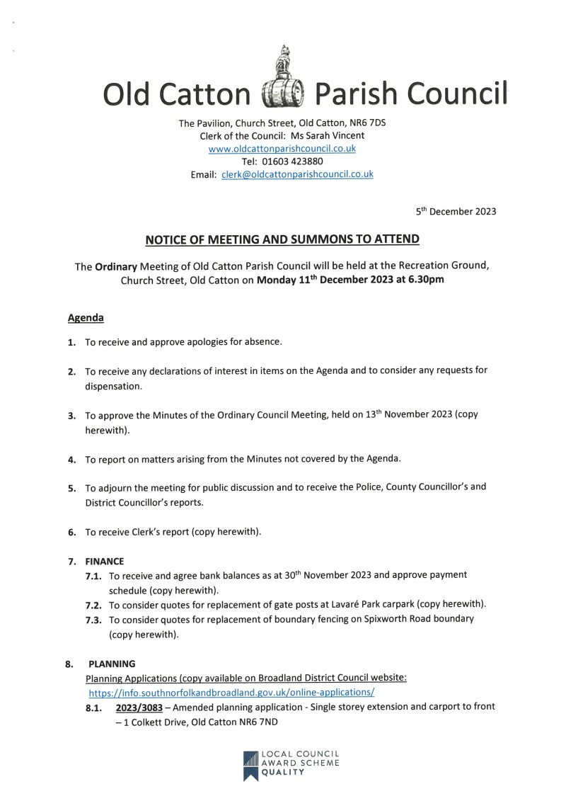 Ordinary Meeting of Old Catton Parish Council 11th December 023