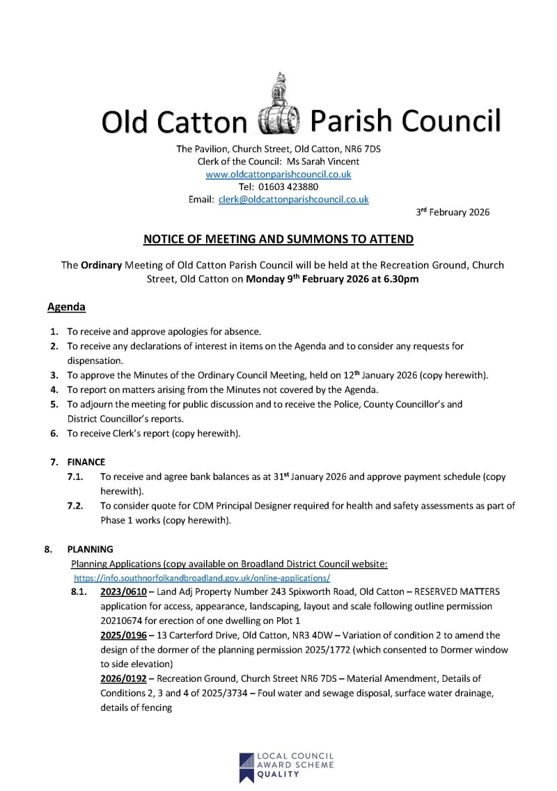 Ordinary Meeting of Old Catton Parish Council 9th February 2026