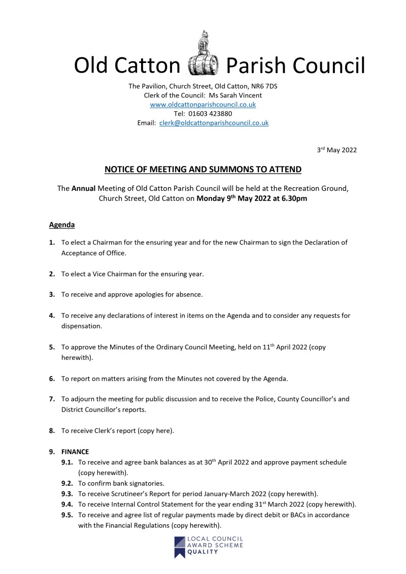 Annual Meeting of Old Catton Parish Council on Monday 9th May 2022