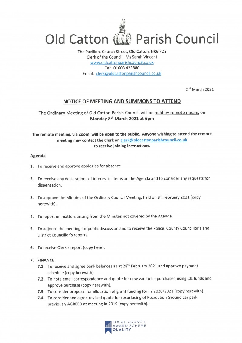 Ordinary Meeting of Old Catton Parish Council 8th March 2021