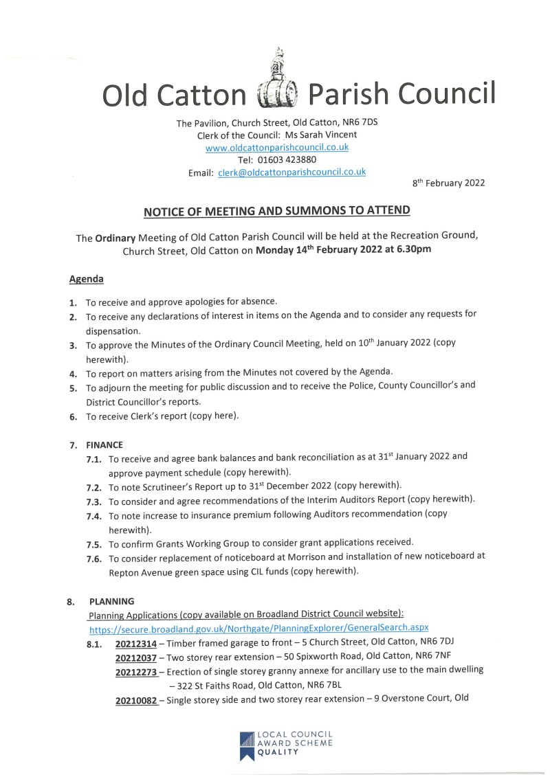 Ordinary Meeting of Old Catton Parish Council 14th February 2022