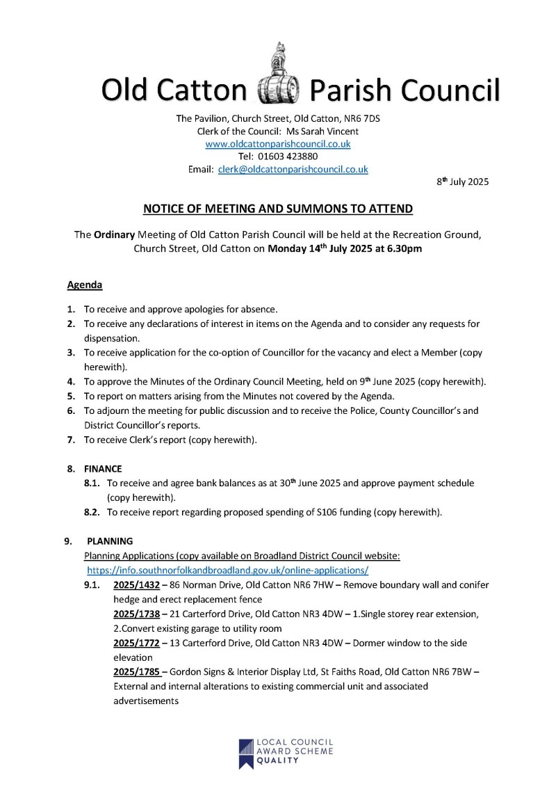 Ordinary Meeting of Old Catton Parish Council 14th July 2025