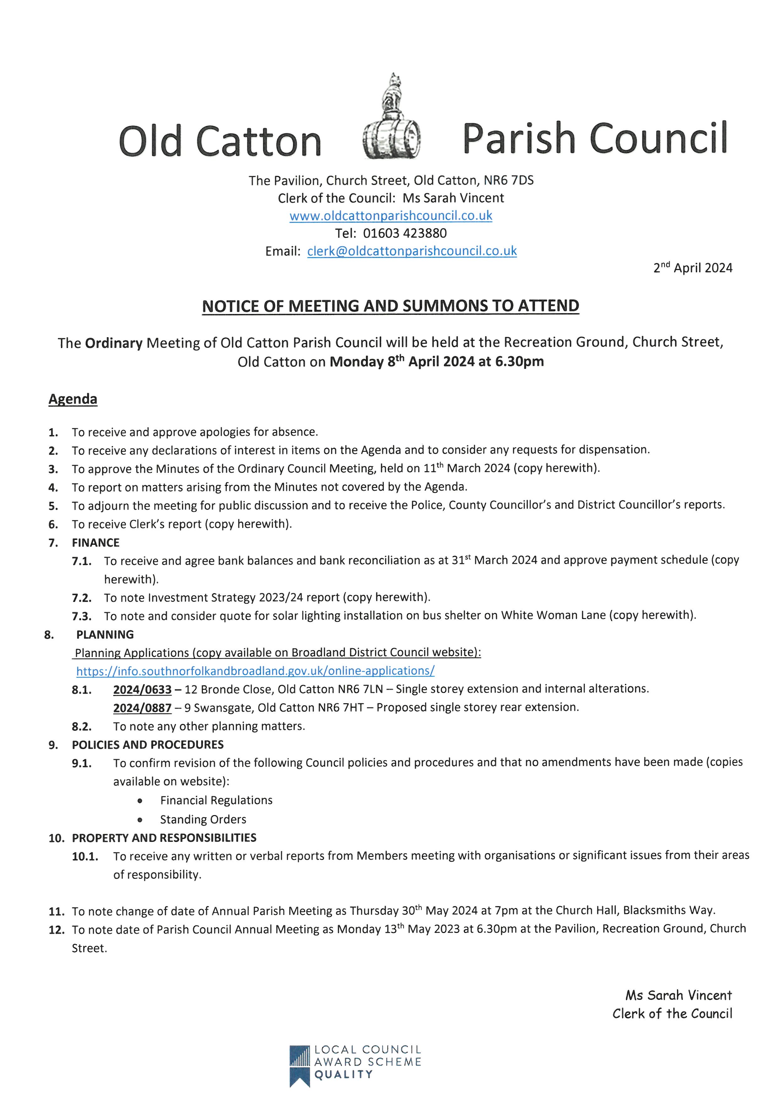 Ordinary Meeting of Old Catton Parish Council on Monday 8th April 2024
