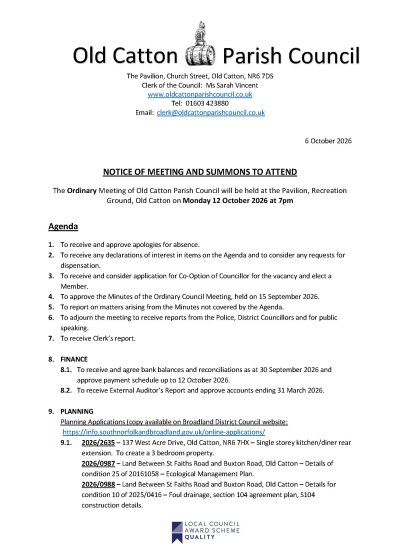 Ordinary Meeting of Old Catton Parish Council 12 October 2026