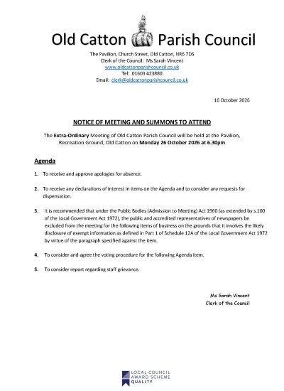 Extra-Ordinary Meeting of Old Catton Parish Council 26 October 2026
