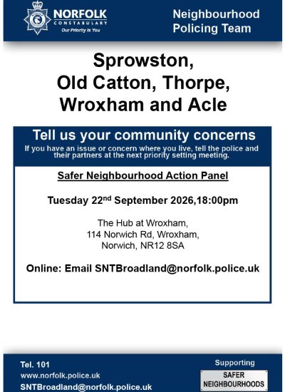 22/09/2026 at 18:00pm Safer Neighbourhood Action Panel (SNAP); The Hub at Wroxham, 114 Norwich Rd, Wroxham, Norwich, NR12 8SA