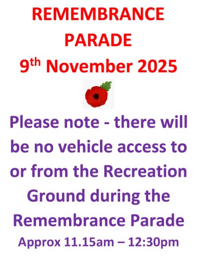Remembrance Sunday November 9th Road Closure  - Recreation Ground