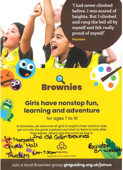 Brownies meet on Thursday at St. Margaret's Church Hall; 18:00hrs