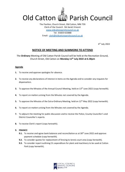 Ordinary Meeting of Old Catton Parish Council 11th July 2022