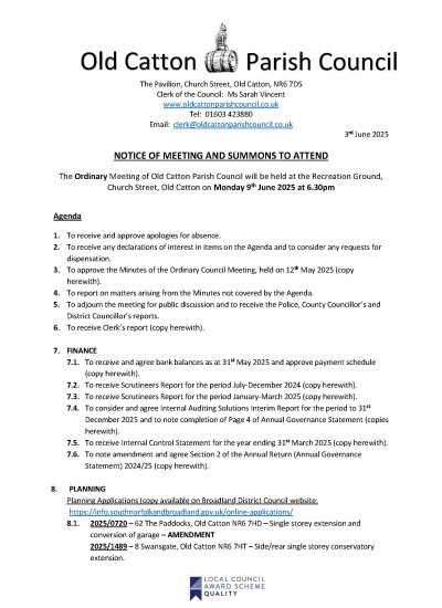 Ordinary Meeting of Old Catton Parish Council 9th June 2025