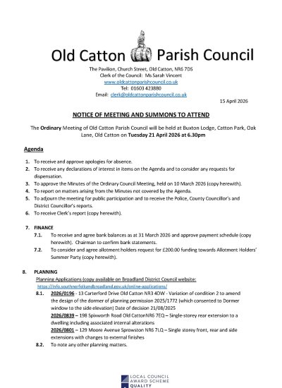 Ordinary Meeting of Old Catton Parish Council 21 April 2026